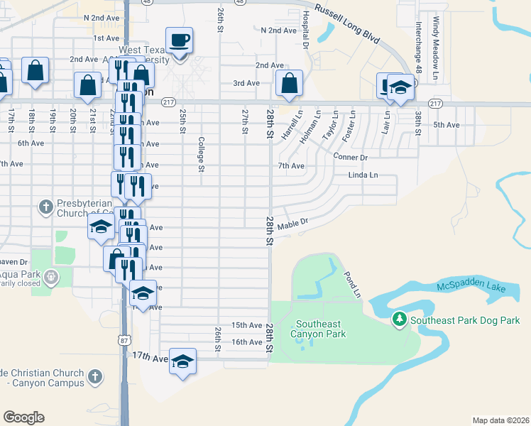 map of restaurants, bars, coffee shops, grocery stores, and more near 2707 10th Avenue in Canyon