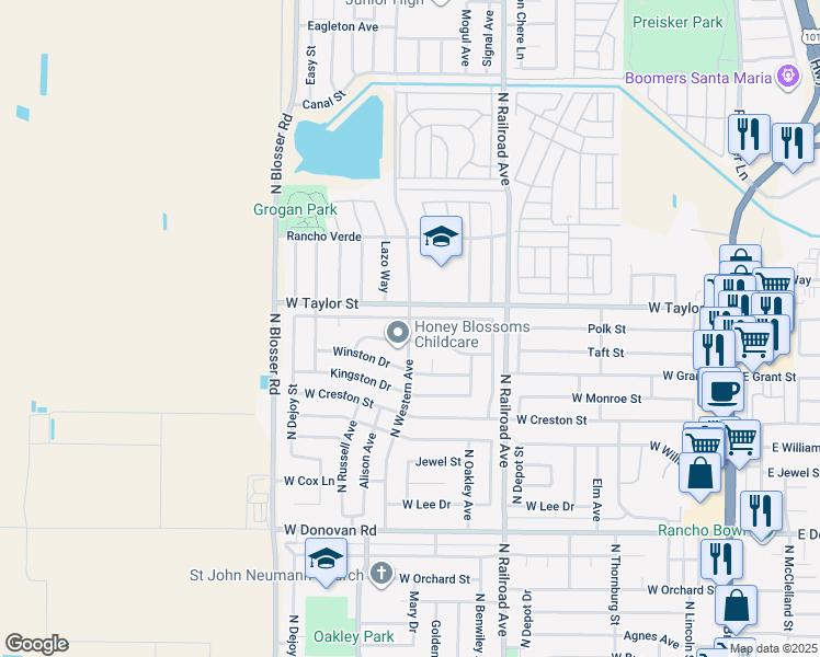 map of restaurants, bars, coffee shops, grocery stores, and more near 1009 Colebrook Drive in Santa Maria
