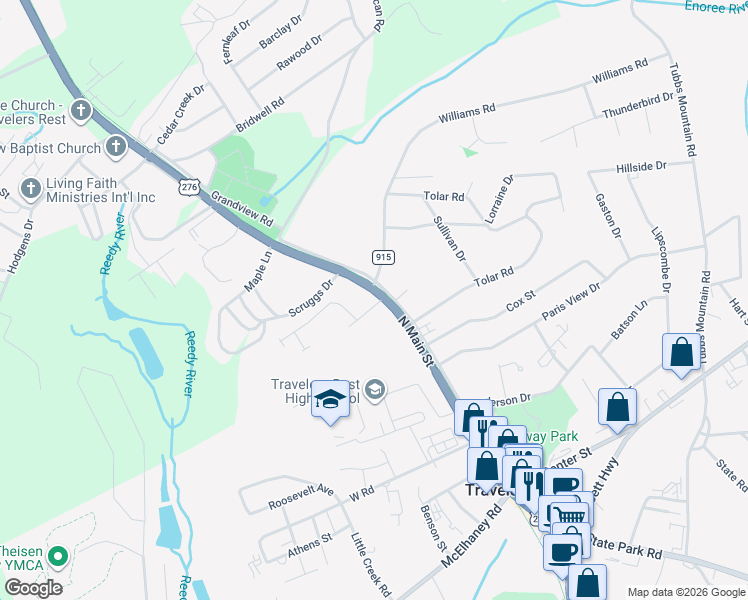 map of restaurants, bars, coffee shops, grocery stores, and more near 607 North Main Street in Travelers Rest