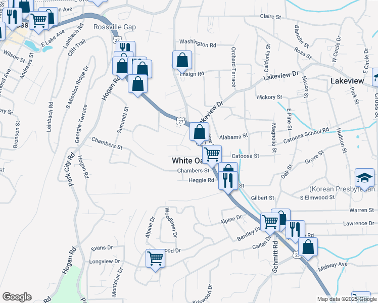 map of restaurants, bars, coffee shops, grocery stores, and more near 123 Grayson Street in Rossville