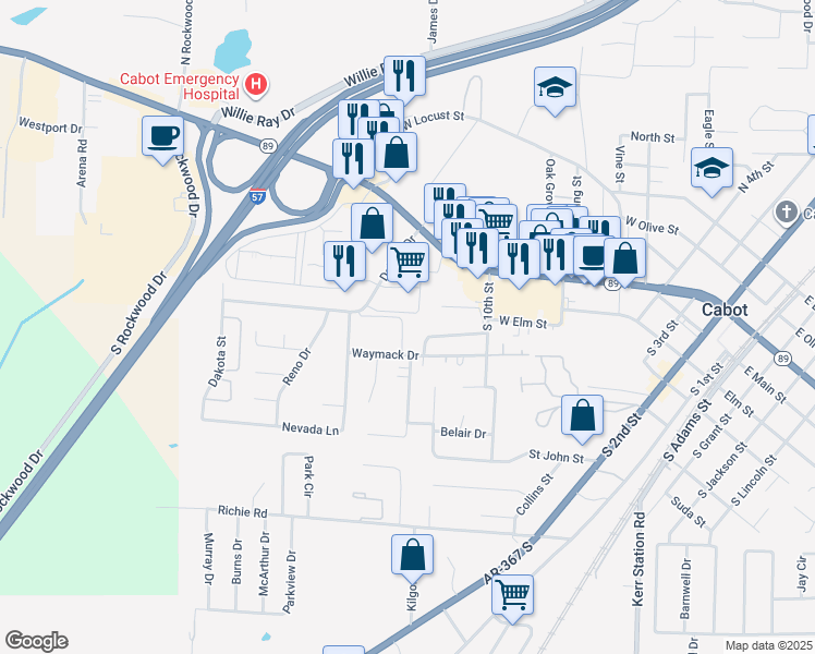 map of restaurants, bars, coffee shops, grocery stores, and more near 20 Dale Drive in Cabot