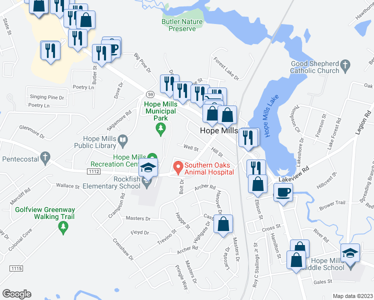 map of restaurants, bars, coffee shops, grocery stores, and more near 3418 Well Street in Hope Mills