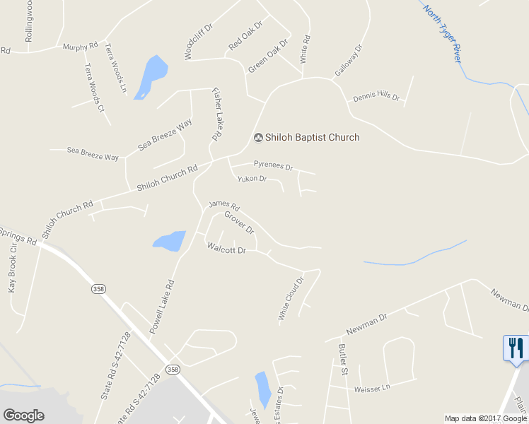 map of restaurants, bars, coffee shops, grocery stores, and more near 101 James Road in Lyman