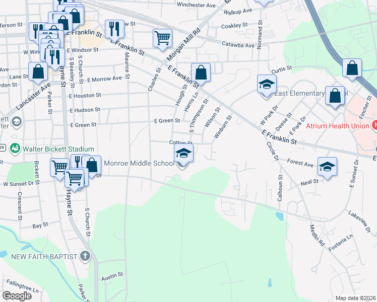 map of restaurants, bars, coffee shops, grocery stores, and more near 708 Cotton Street in Monroe