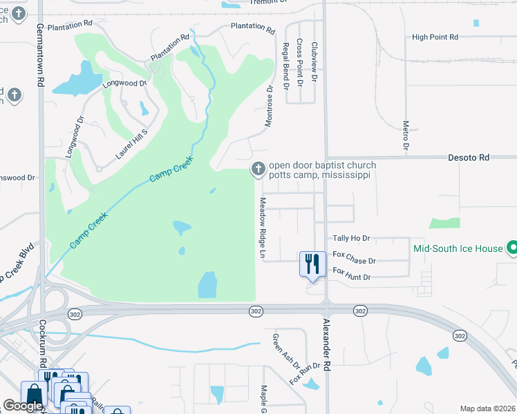 map of restaurants, bars, coffee shops, grocery stores, and more near 7789 Meadow Ridge Lane in Olive Branch