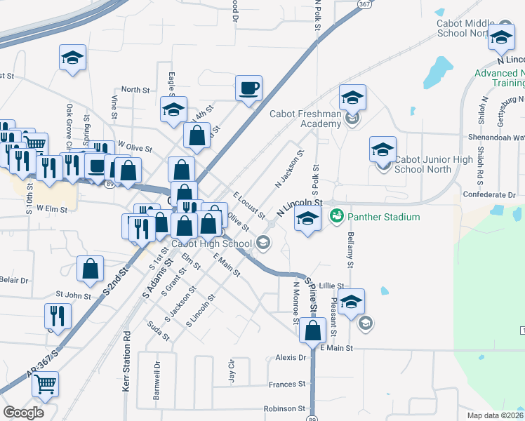 map of restaurants, bars, coffee shops, grocery stores, and more near 403 East Locust Street in Cabot