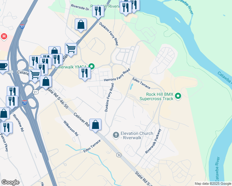 map of restaurants, bars, coffee shops, grocery stores, and more near 749 Dunkins Ferry Road in Rock Hill