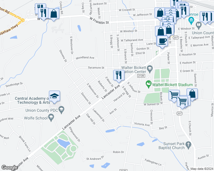map of restaurants, bars, coffee shops, grocery stores, and more near 1103 Lucille Street in Monroe