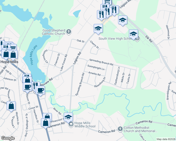map of restaurants, bars, coffee shops, grocery stores, and more near 4001 Trenchholm Lane in Hope Mills