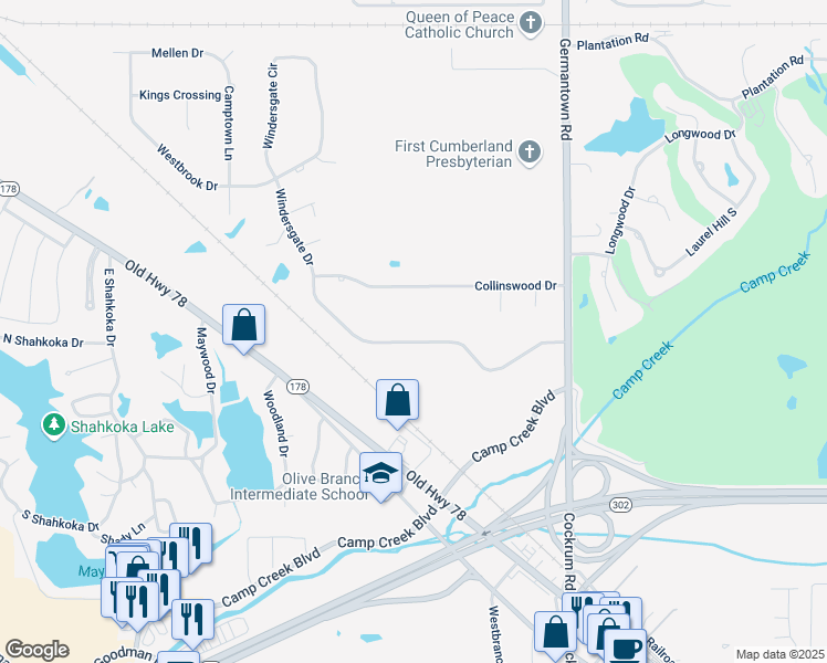 map of restaurants, bars, coffee shops, grocery stores, and more near 8660 Windersgate Drive in Olive Branch