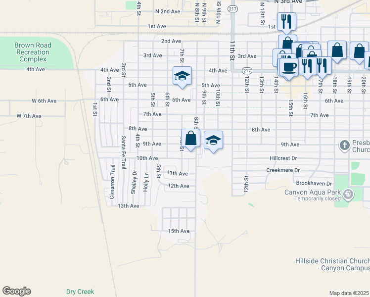 map of restaurants, bars, coffee shops, grocery stores, and more near 901-999 7th Street in Canyon