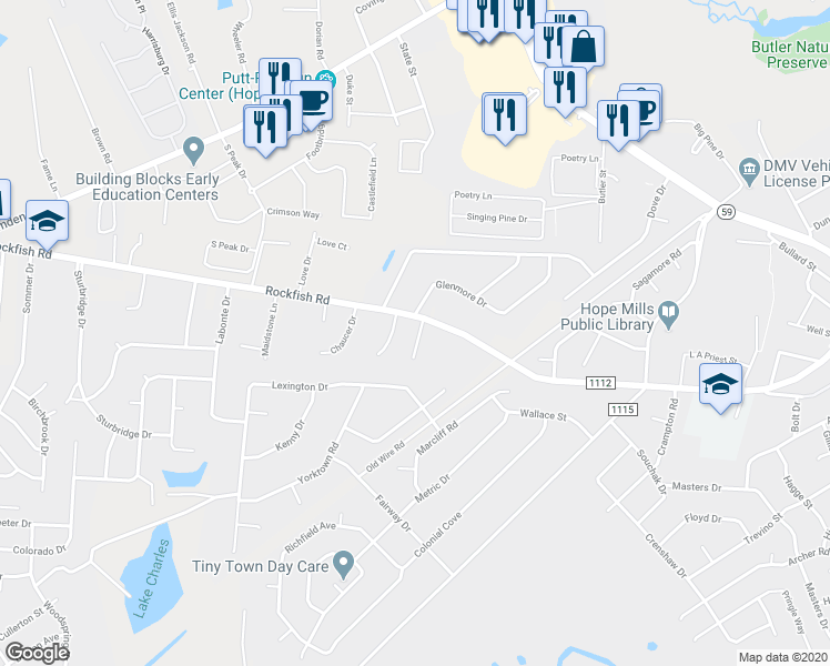 map of restaurants, bars, coffee shops, grocery stores, and more near 3517 Rittenour Drive in Hope Mills