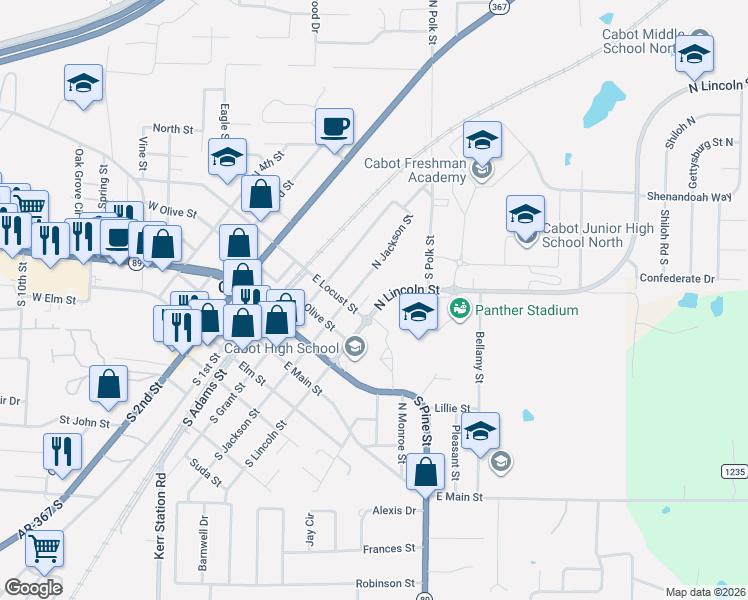 map of restaurants, bars, coffee shops, grocery stores, and more near 102 North Lincoln Street in Cabot