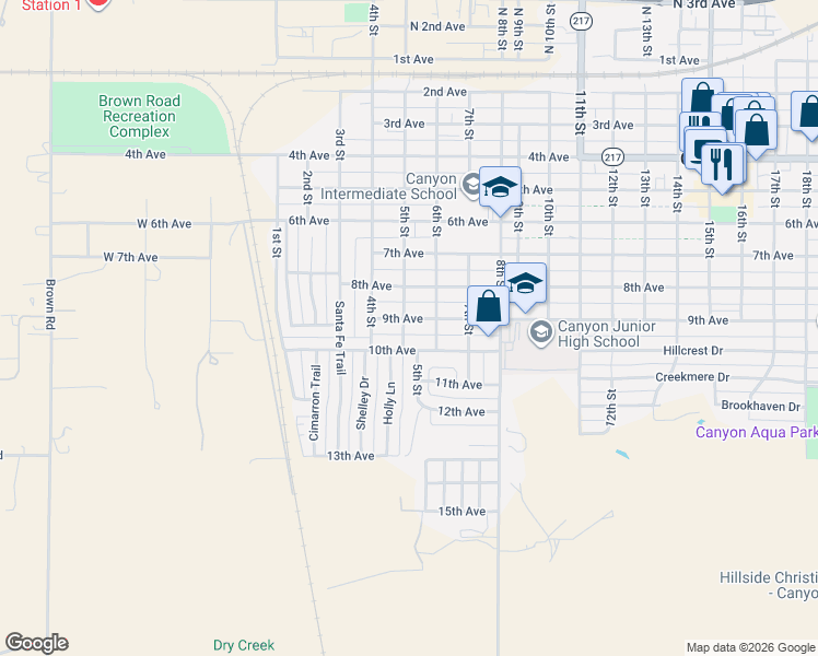 map of restaurants, bars, coffee shops, grocery stores, and more near 509 10th Avenue in Canyon
