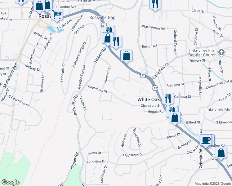 map of restaurants, bars, coffee shops, grocery stores, and more near 314 Chambers Street in Rossville