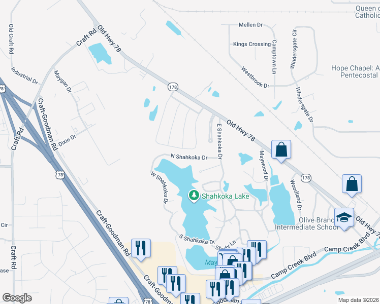 map of restaurants, bars, coffee shops, grocery stores, and more near 7925 South Shahkoka Drive in Olive Branch