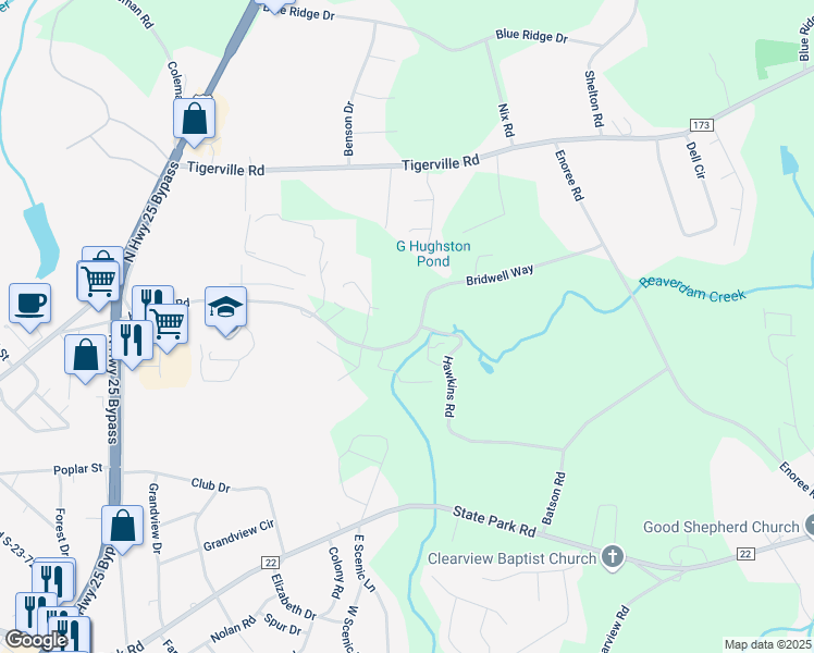 map of restaurants, bars, coffee shops, grocery stores, and more near 491 Hawkins Road in Travelers Rest