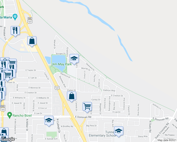 map of restaurants, bars, coffee shops, grocery stores, and more near 1016 Murray Drive in Santa Maria