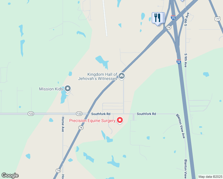 map of restaurants, bars, coffee shops, grocery stores, and more near 18512 State Highway 74 in Purcell
