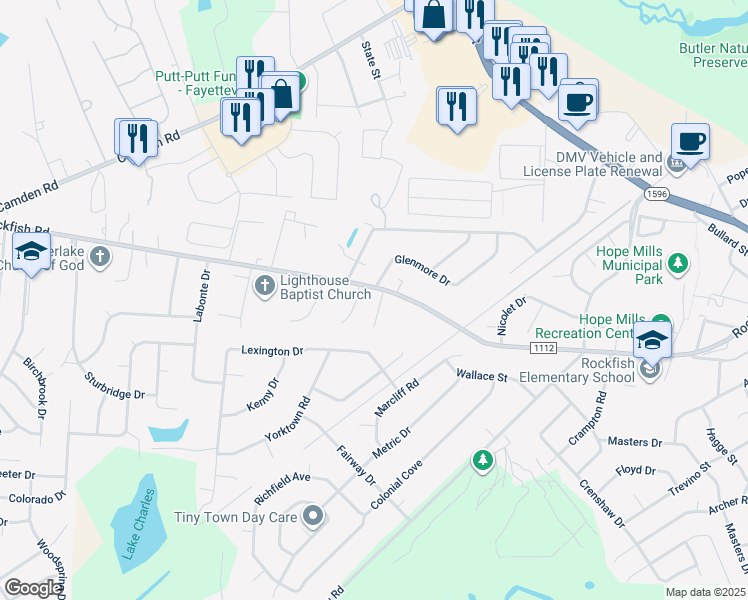 map of restaurants, bars, coffee shops, grocery stores, and more near 3517 Rittenour Drive in Hope Mills