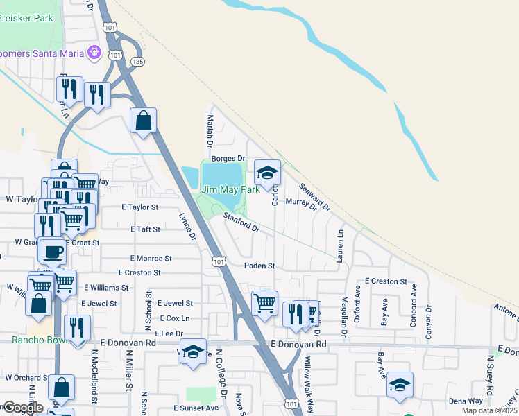 map of restaurants, bars, coffee shops, grocery stores, and more near 1921 Carlotti Drive in Santa Maria