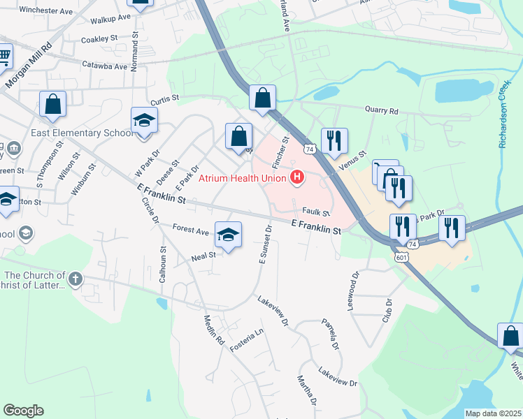 map of restaurants, bars, coffee shops, grocery stores, and more near 1313 East Franklin Street in Monroe