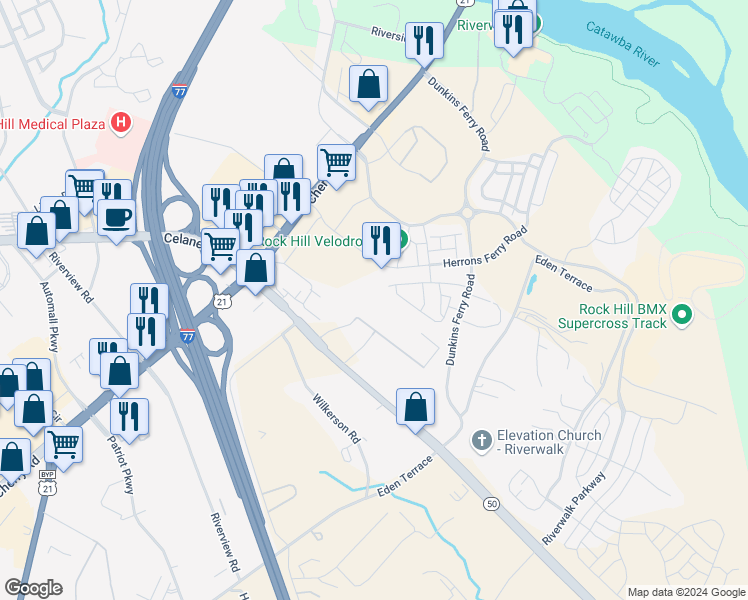 map of restaurants, bars, coffee shops, grocery stores, and more near 808 Celriver Road in Rock Hill