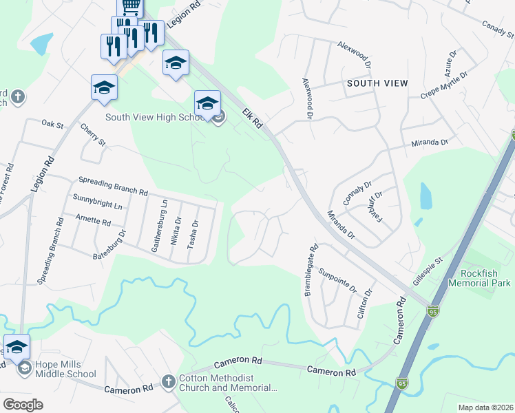 map of restaurants, bars, coffee shops, grocery stores, and more near 312 Culloden Place in Hope Mills