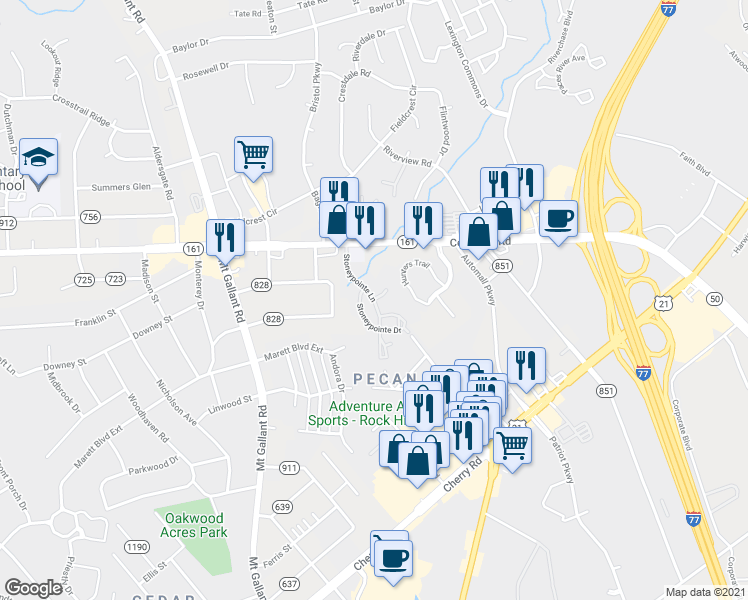 map of restaurants, bars, coffee shops, grocery stores, and more near Stoneypointe Lane in Rock Hill