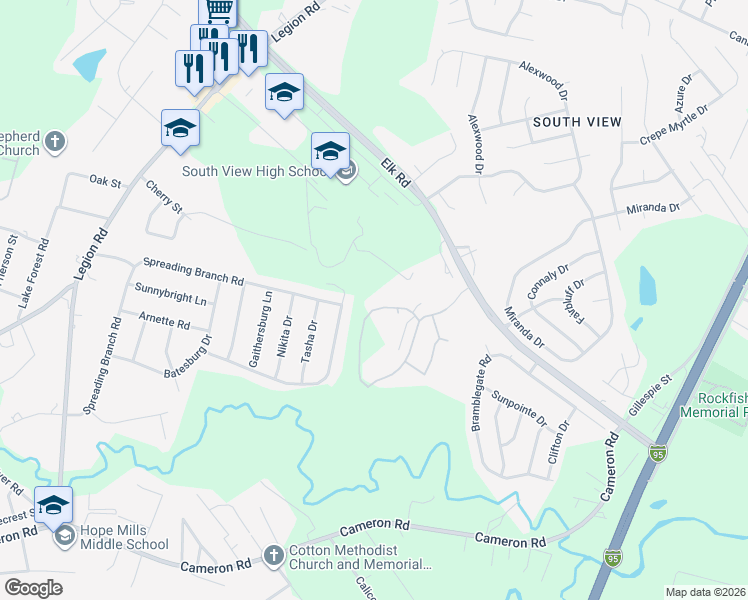 map of restaurants, bars, coffee shops, grocery stores, and more near 3230 Killberry Place in Hope Mills