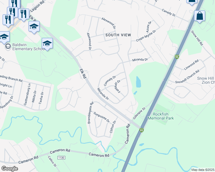 map of restaurants, bars, coffee shops, grocery stores, and more near 728 Bent Creek Drive in Hope Mills