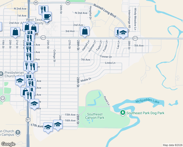 map of restaurants, bars, coffee shops, grocery stores, and more near 2907 Mable Drive in Canyon