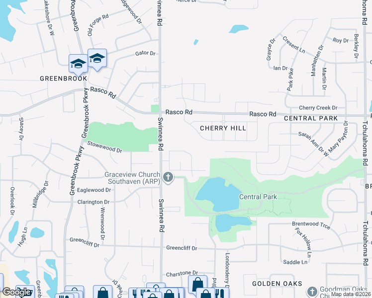 map of restaurants, bars, coffee shops, grocery stores, and more near 1127 Parkview Circle South in Southaven