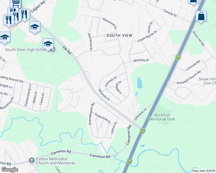 map of restaurants, bars, coffee shops, grocery stores, and more near 806 Connaly Drive in Hope Mills