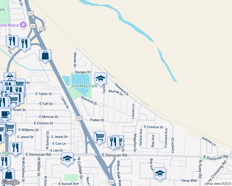map of restaurants, bars, coffee shops, grocery stores, and more near 1004 Murray Drive in Santa Maria