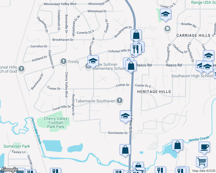 map of restaurants, bars, coffee shops, grocery stores, and more near 7778 Auburn Cove in Southaven