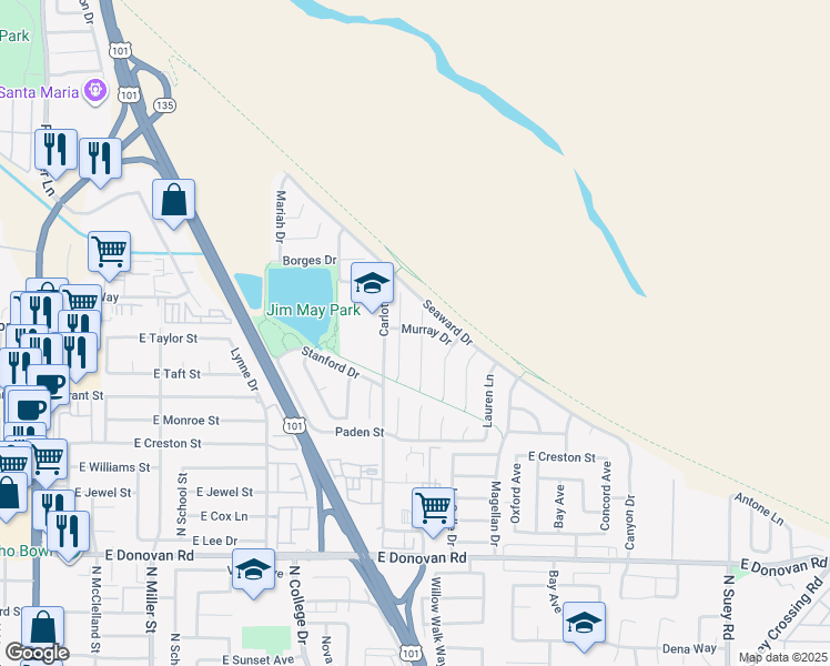 map of restaurants, bars, coffee shops, grocery stores, and more near 1850 Melanie Court in Santa Maria
