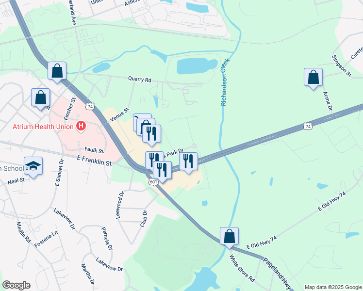 map of restaurants, bars, coffee shops, grocery stores, and more near 1653 Campus Park Drive in Monroe