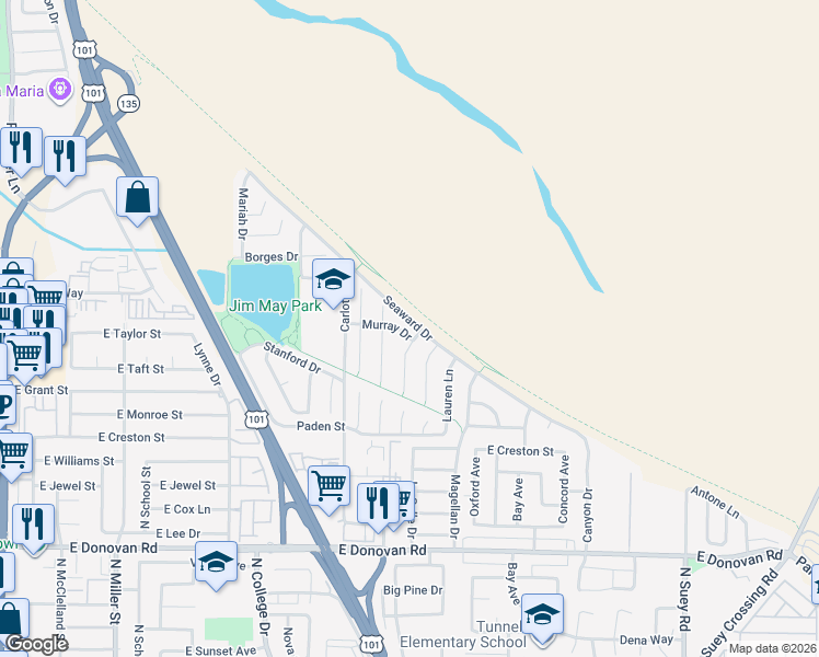 map of restaurants, bars, coffee shops, grocery stores, and more near 1851 Veronica Lane in Santa Maria