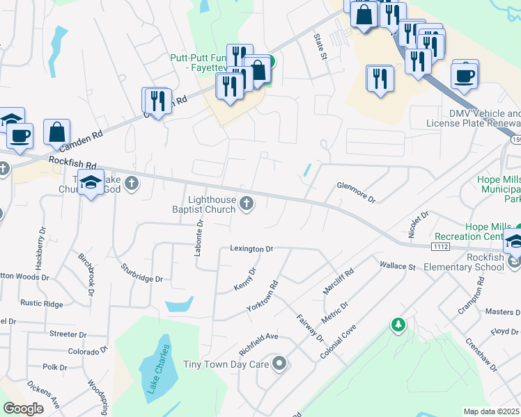 map of restaurants, bars, coffee shops, grocery stores, and more near 3540 Chaucer Drive in Hope Mills