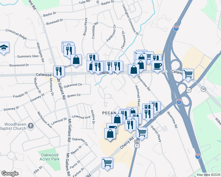 map of restaurants, bars, coffee shops, grocery stores, and more near 1718 Hunters Trail in Rock Hill