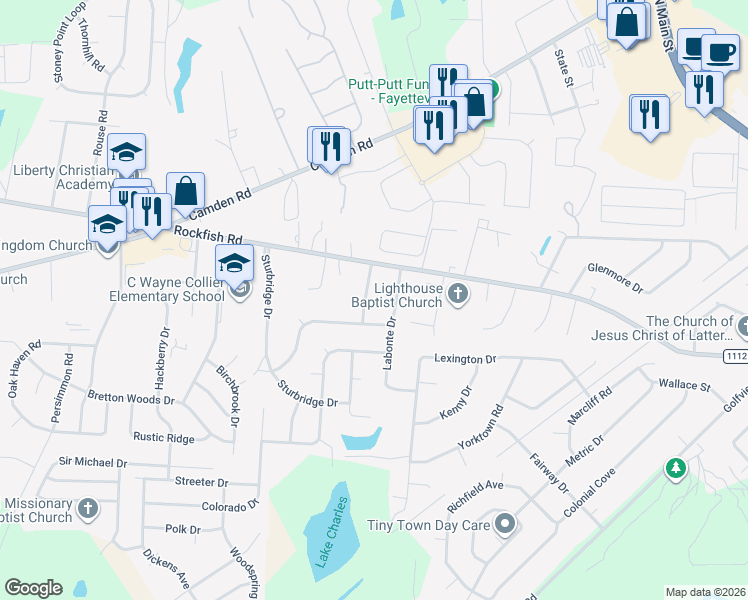 map of restaurants, bars, coffee shops, grocery stores, and more near 6109 Rockfish Road in Hope Mills