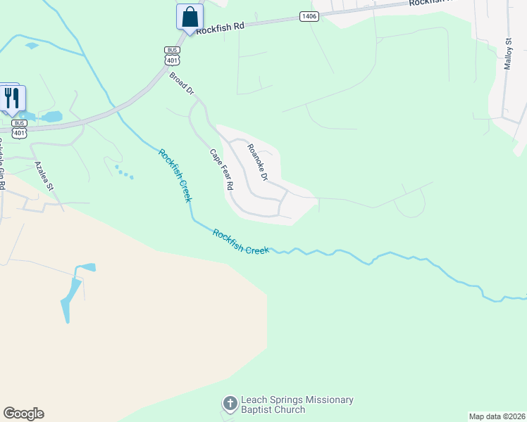 map of restaurants, bars, coffee shops, grocery stores, and more near 663 Broad Drive in Raeford