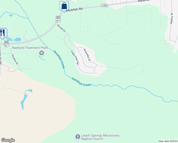 map of restaurants, bars, coffee shops, grocery stores, and more near 633 Cape Fear Road in Raeford