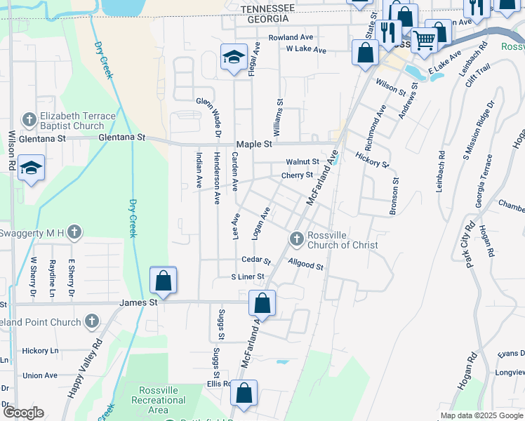 map of restaurants, bars, coffee shops, grocery stores, and more near 1005 Logan Avenue in Rossville
