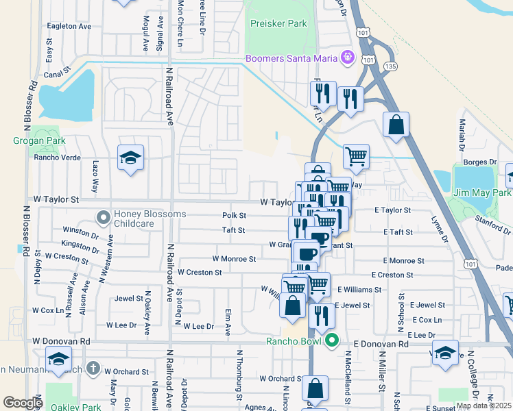 map of restaurants, bars, coffee shops, grocery stores, and more near 318 West Taylor Street in Santa Maria