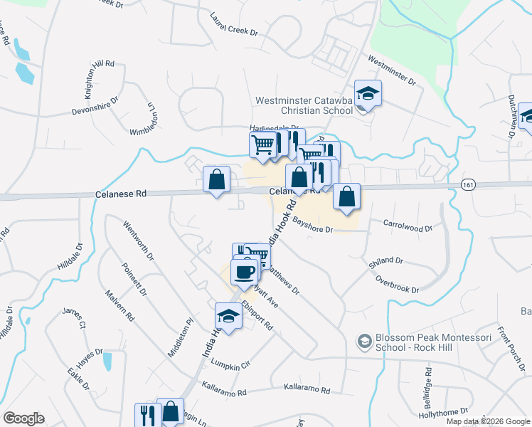 map of restaurants, bars, coffee shops, grocery stores, and more near 1953 Sharonwood Lane in Rock Hill