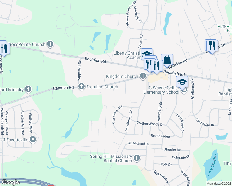 map of restaurants, bars, coffee shops, grocery stores, and more near 3623 Beswick Court in Fayetteville
