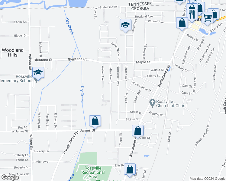 map of restaurants, bars, coffee shops, grocery stores, and more near 801 Indian Avenue in Rossville