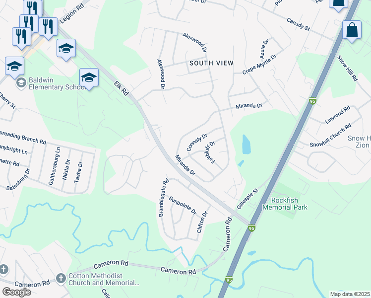 map of restaurants, bars, coffee shops, grocery stores, and more near 728 Connaly Drive in Hope Mills